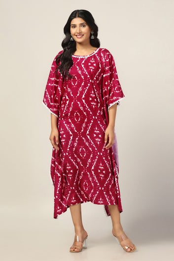 Womens Maroon Cotton Blend Tie & Dye Printed Kaftan Maxi Length Dress