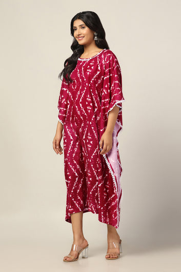 Womens Maroon Cotton Blend Tie & Dye Printed Kaftan Maxi Length Dress