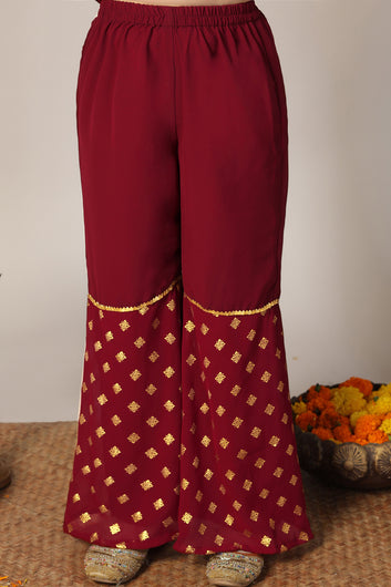 Girls Maroon Georgette Printed Kurta With Palazzo Set