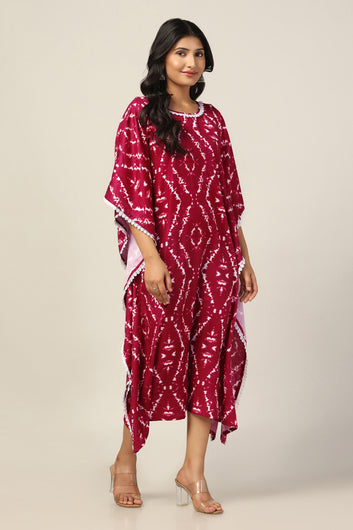 Womens Maroon Cotton Blend Tie & Dye Printed Kaftan Maxi Length Dress