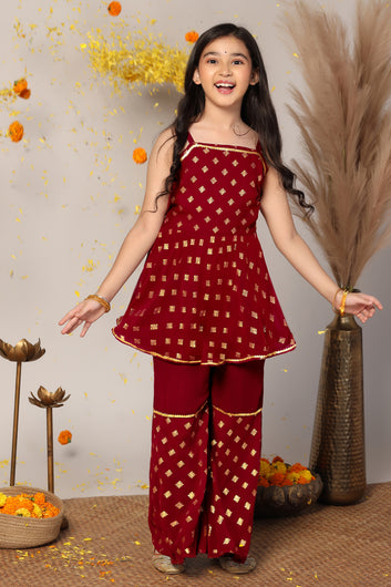 Girls Maroon Georgette Printed Kurta With Palazzo Set