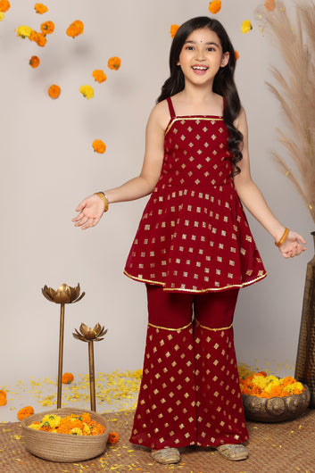 Girls Maroon Georgette Printed Kurta With Palazzo Set