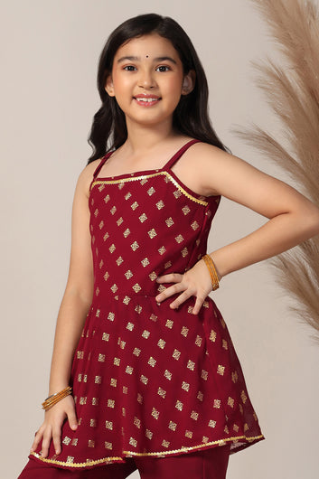 Girls Maroon Georgette Printed Kurta With Palazzo Set