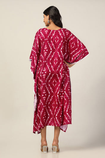 Womens Maroon Cotton Blend Tie & Dye Printed Kaftan Maxi Length Dress