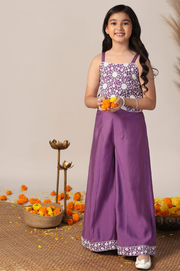 Girl's Purple Silk Blend Embroidered Crop Top and Palazzo Set