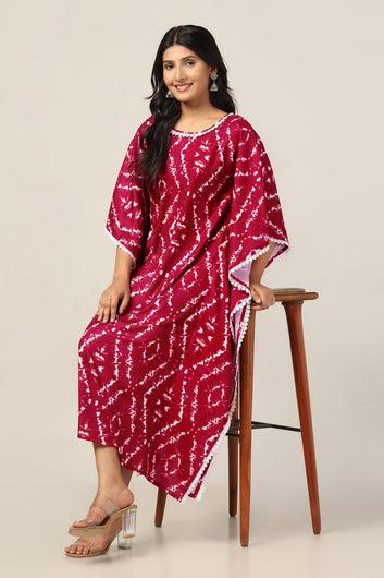 Womens Maroon Cotton Blend Tie & Dye Printed Kaftan Maxi Length Dress