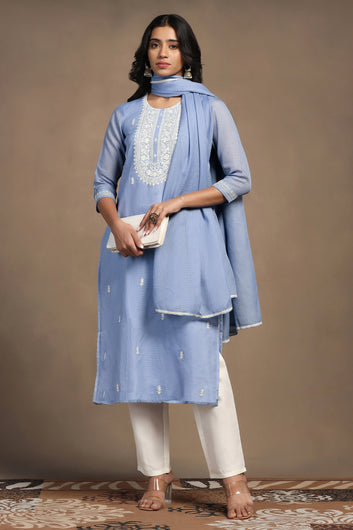 Womens Light Blue Kota Doriya Embroidered Calf Length Kurta And Trouser With Dupatta Set