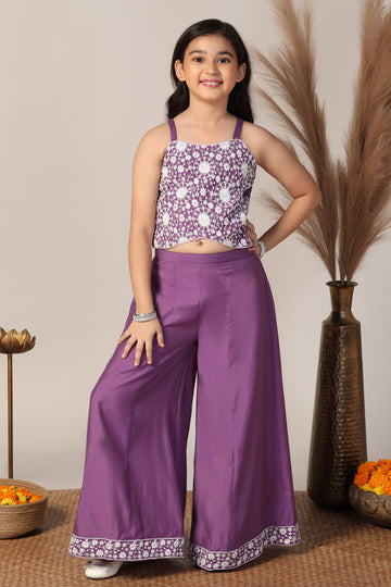 Girl's Purple Silk Blend Embroidered Crop Top and Palazzo Set