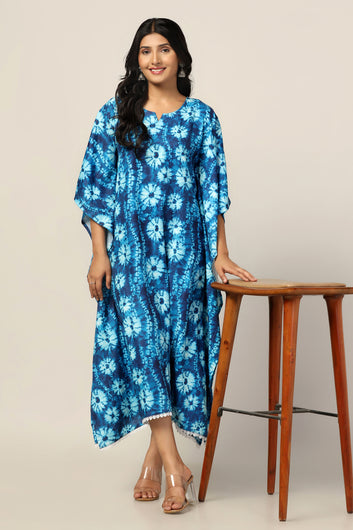 Womens Blue Slub Tie-Dye Printed Kaftan Dress