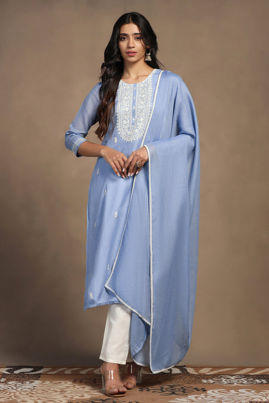 Womens Light Blue Kota Doriya Embroidered Calf Length Kurta And Trouser With Dupatta Set