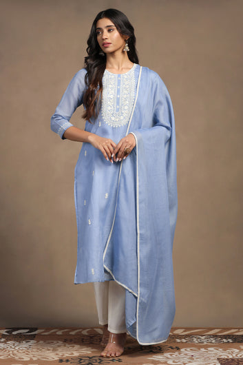 Womens Light Blue Kota Doriya Embroidered Calf Length Kurta And Trouser With Dupatta Set