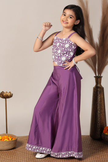 Girl's Purple Silk Blend Embroidered Crop Top and Palazzo Set