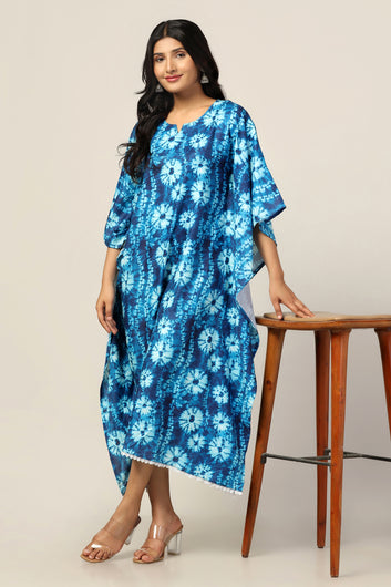 Womens Blue Slub Tie-Dye Printed Kaftan Dress