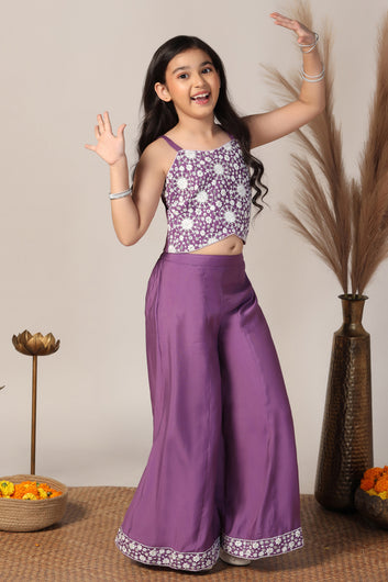 Girl's Purple Silk Blend Embroidered Crop Top and Palazzo Set