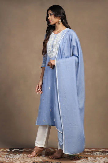 Womens Light Blue Kota Doriya Embroidered Calf Length Kurta And Trouser With Dupatta Set