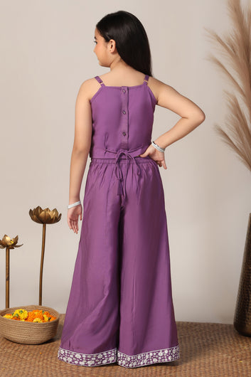 Girl's Purple Silk Blend Embroidered Crop Top and Palazzo Set