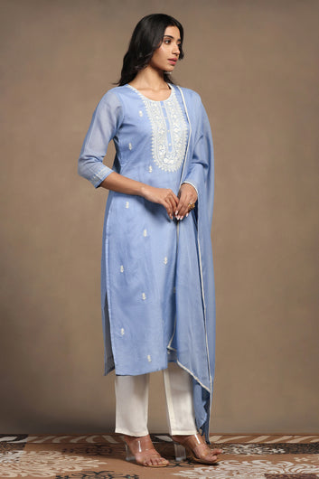 Womens Light Blue Kota Doriya Embroidered Calf Length Kurta And Trouser With Dupatta Set