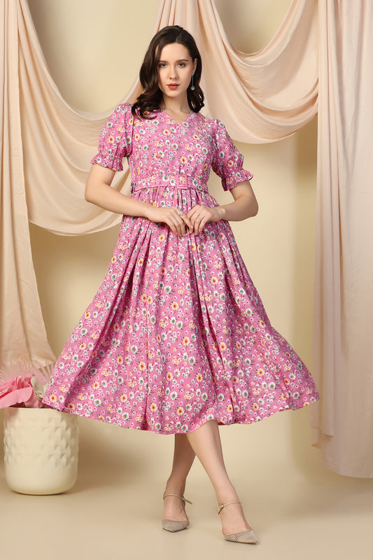 Womens Pink Lurex Checks Floral Printed Calf Length Dress