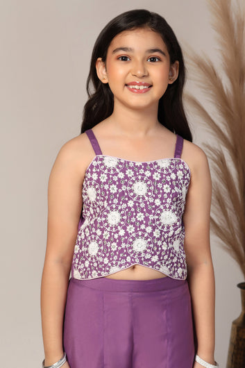 Girl's Purple Silk Blend Embroidered Crop Top and Palazzo Set