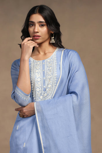 Womens Light Blue Kota Doriya Embroidered Calf Length Kurta And Trouser With Dupatta Set