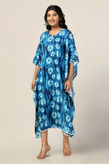 Womens Blue Slub Tie-Dye Printed Kaftan Dress