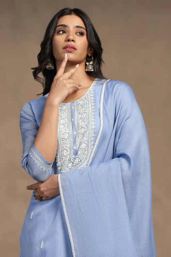 Womens Light Blue Kota Doriya Embroidered Calf Length Kurta And Trouser With Dupatta Set