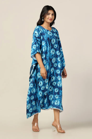 Womens Blue Slub Tie-Dye Printed Kaftan Dress