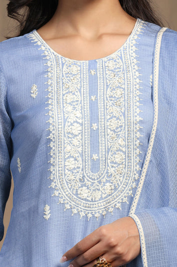 Womens Light Blue Kota Doriya Embroidered Calf Length Kurta And Trouser With Dupatta Set