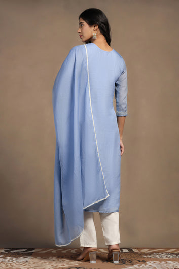 Womens Light Blue Kota Doriya Embroidered Calf Length Kurta And Trouser With Dupatta Set