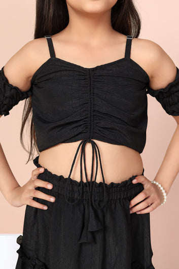 Girls Black Crop Top With Tiered Skirt Set