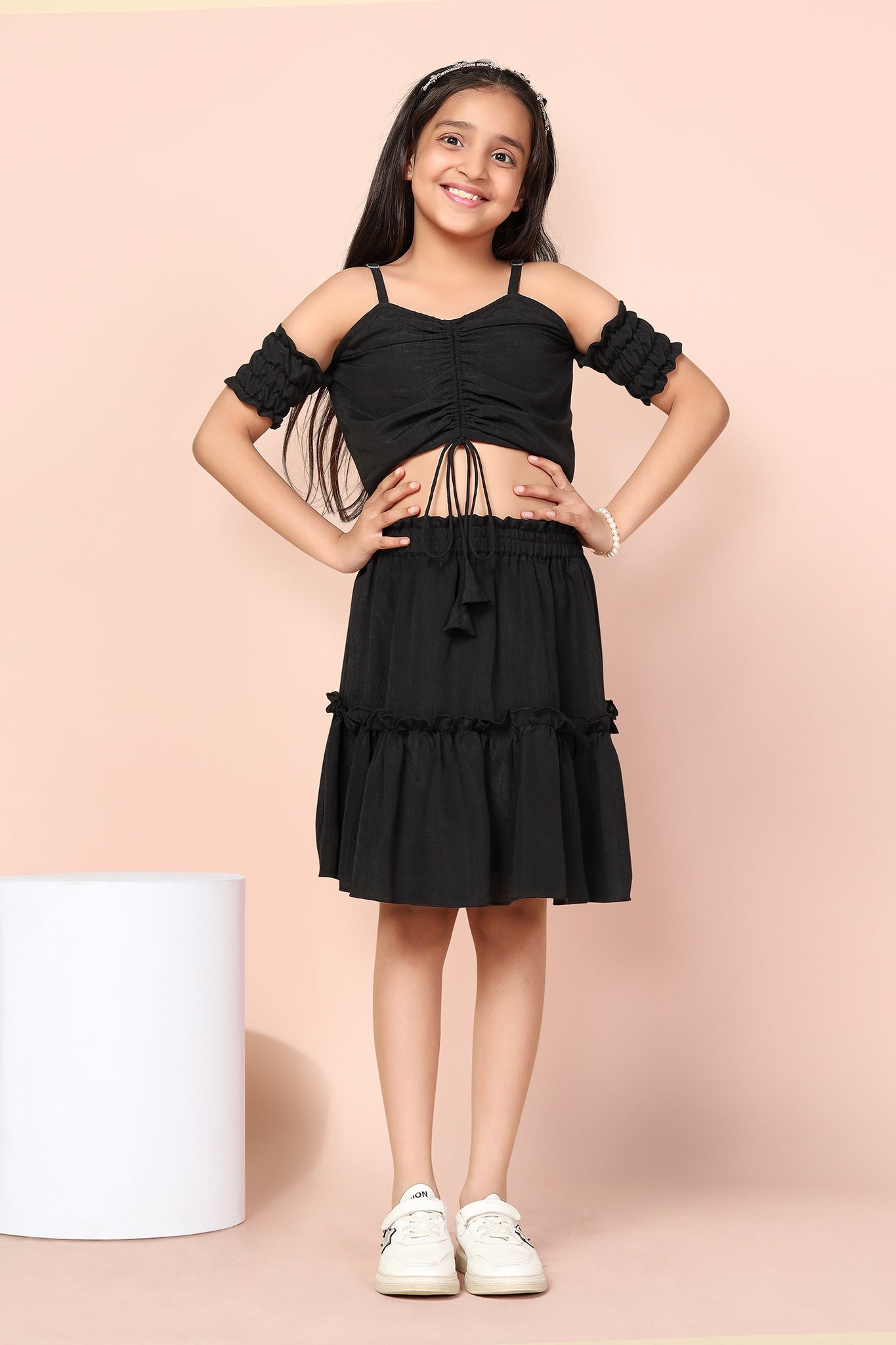 Girls Black Crop Top With Tiered Skirt Set