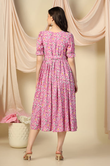 Womens Pink Lurex Checks Floral Printed Calf Length Dress