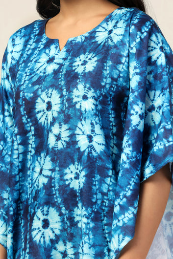 Womens Blue Slub Tie-Dye Printed Kaftan Dress