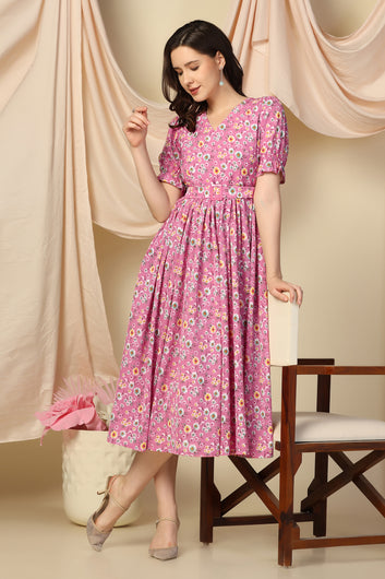 Womens Pink Lurex Checks Floral Printed Calf Length Dress