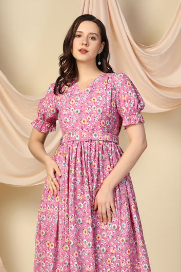 Womens Pink Lurex Checks Floral Printed Calf Length Dress