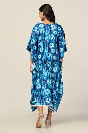 Womens Blue Slub Tie-Dye Printed Kaftan Dress