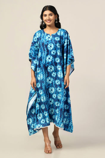 Womens Blue Slub Tie-Dye Printed Kaftan Dress