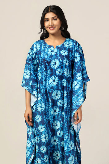 Womens Blue Slub Tie-Dye Printed Kaftan Dress