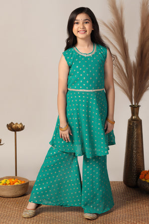 Girls Teal Georgette Printed Peplum Kurta With Sharara Set