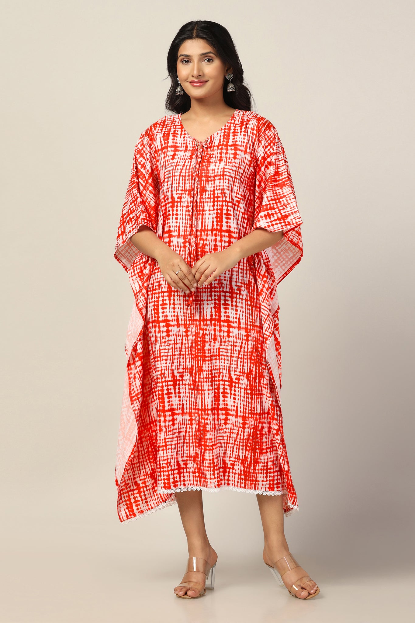 Womens Orange Slub Tie & Dye Printed Kaftan Dress