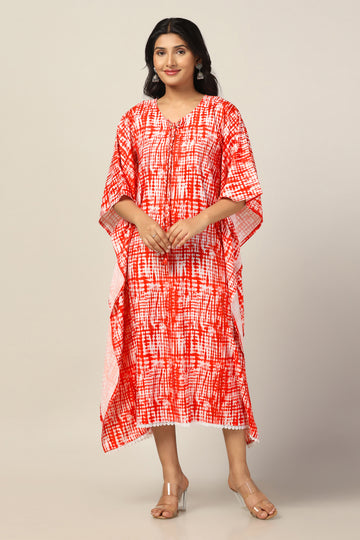 Womens Orange Slub Tie & Dye Printed Kaftan Dress