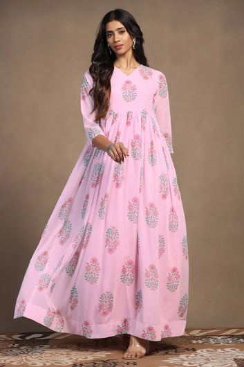 Womens Light Pink Georgette Floral Printed A-Line Maxi Length Dress