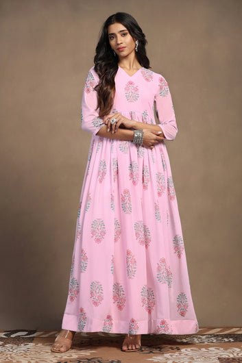 Womens Light Pink Georgette Floral Printed A-Line Maxi Length Dress