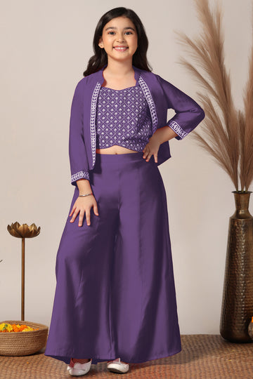 Girls Purple Silk Blend Embroidered Crop Top And Jacket With Palazzo Set