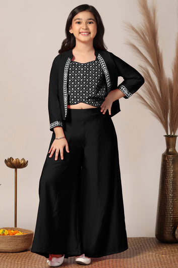 Girls Black Silk Blend Embroidered Crop Top And Jacket With Palazzo Set