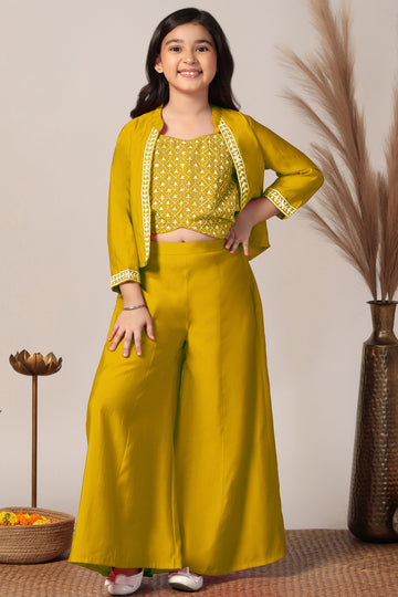 Girls Yellow Silk Blend Embroidered Crop Top And Jacket With Palazzo Set