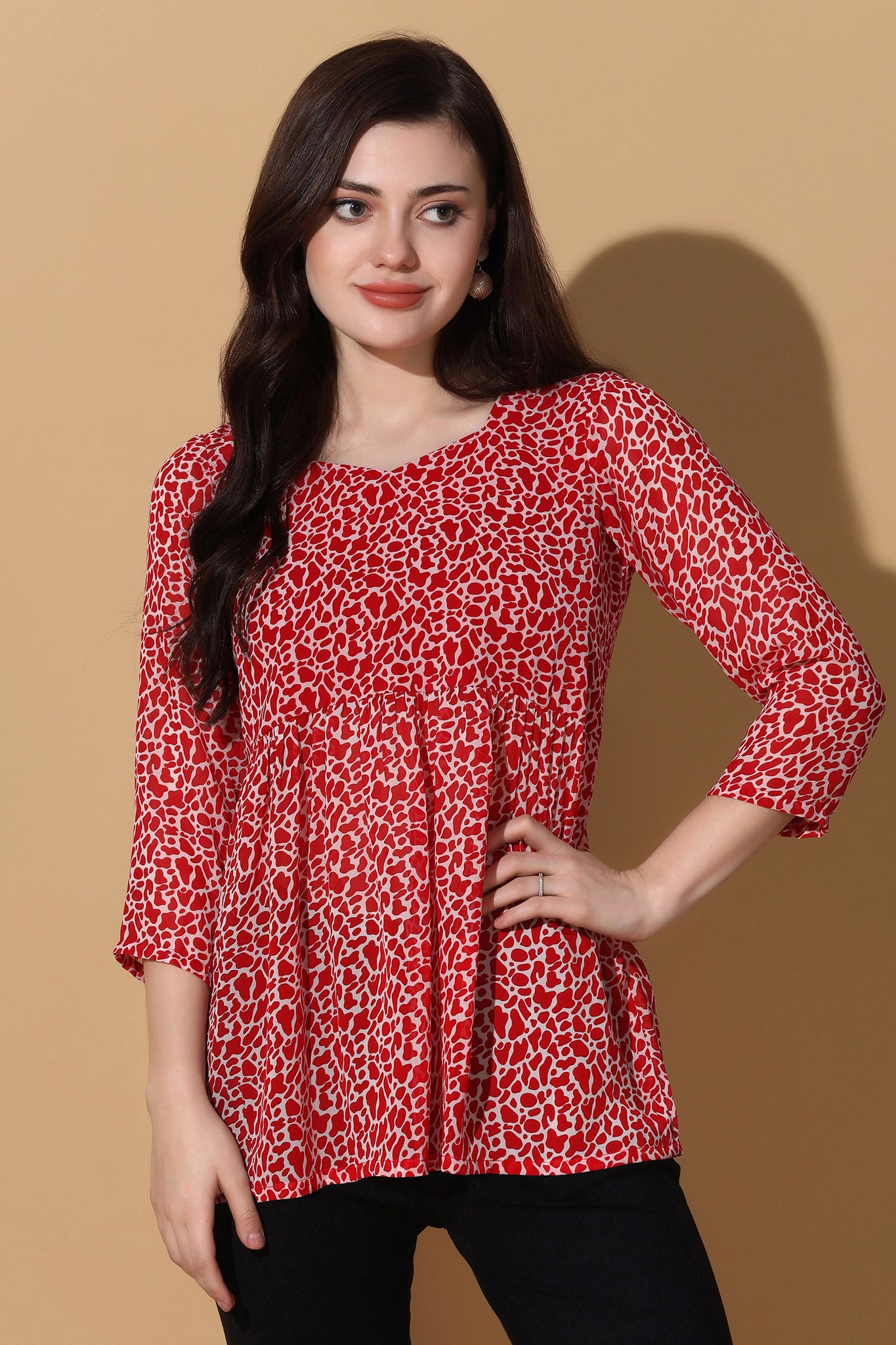 Womens Red Georgette All-Over Printed Top