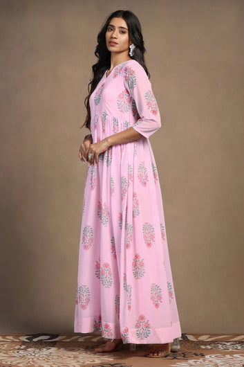 Womens Light Pink Georgette Floral Printed A-Line Maxi Length Dress