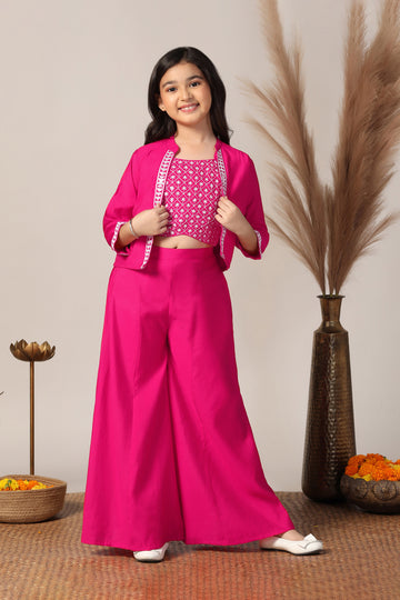 Girls Pink Silk Blend Embroidered Crop Top And Jacket With Palazzo Set