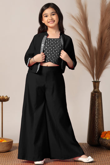 Girls Black Silk Blend Embroidered Crop Top And Jacket With Palazzo Set